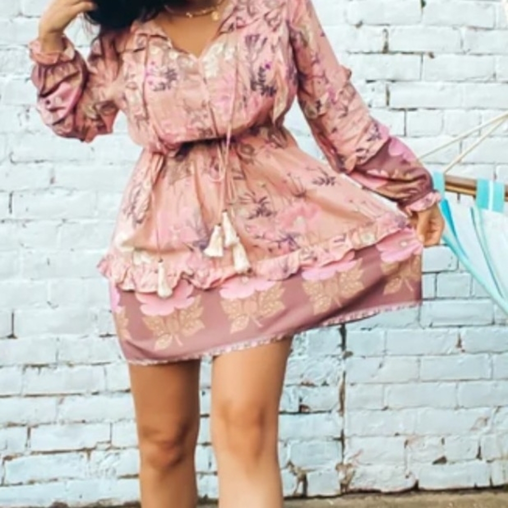 Floral Pink Boho Dress Long Sleeve, Sz S fit Is a M - Picture 2 of 6